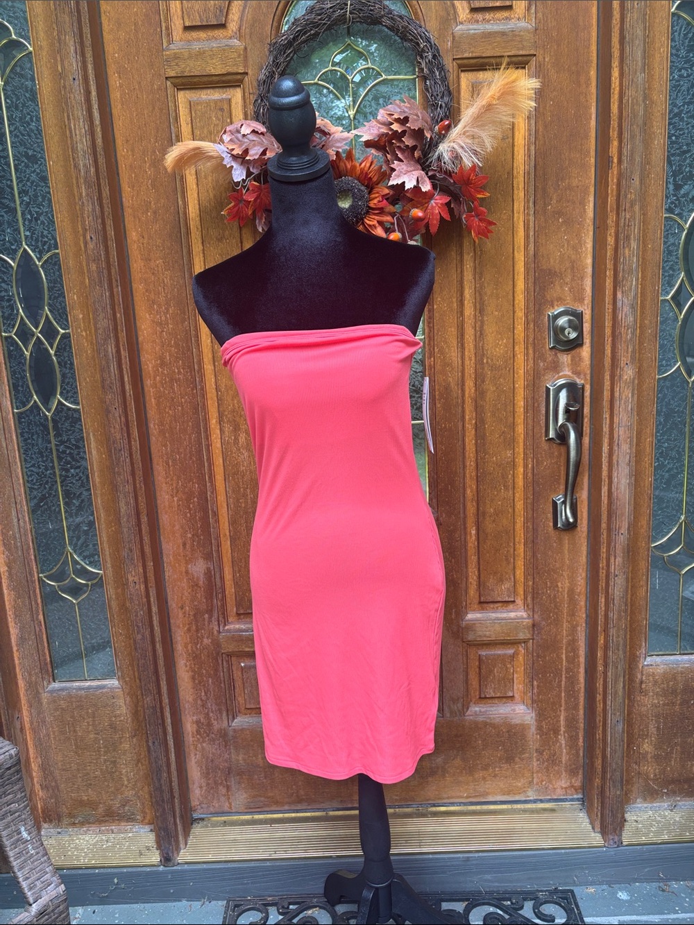 No Boundaries Coral Strapless Bodycon Dress